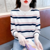 春季 上衣潮 宽松显瘦百搭长袖 薄款 条纹卫衣女圆领无帽体恤2026新款