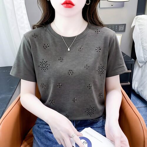 小众深灰烫钻花朵短袖T恤女上衣
