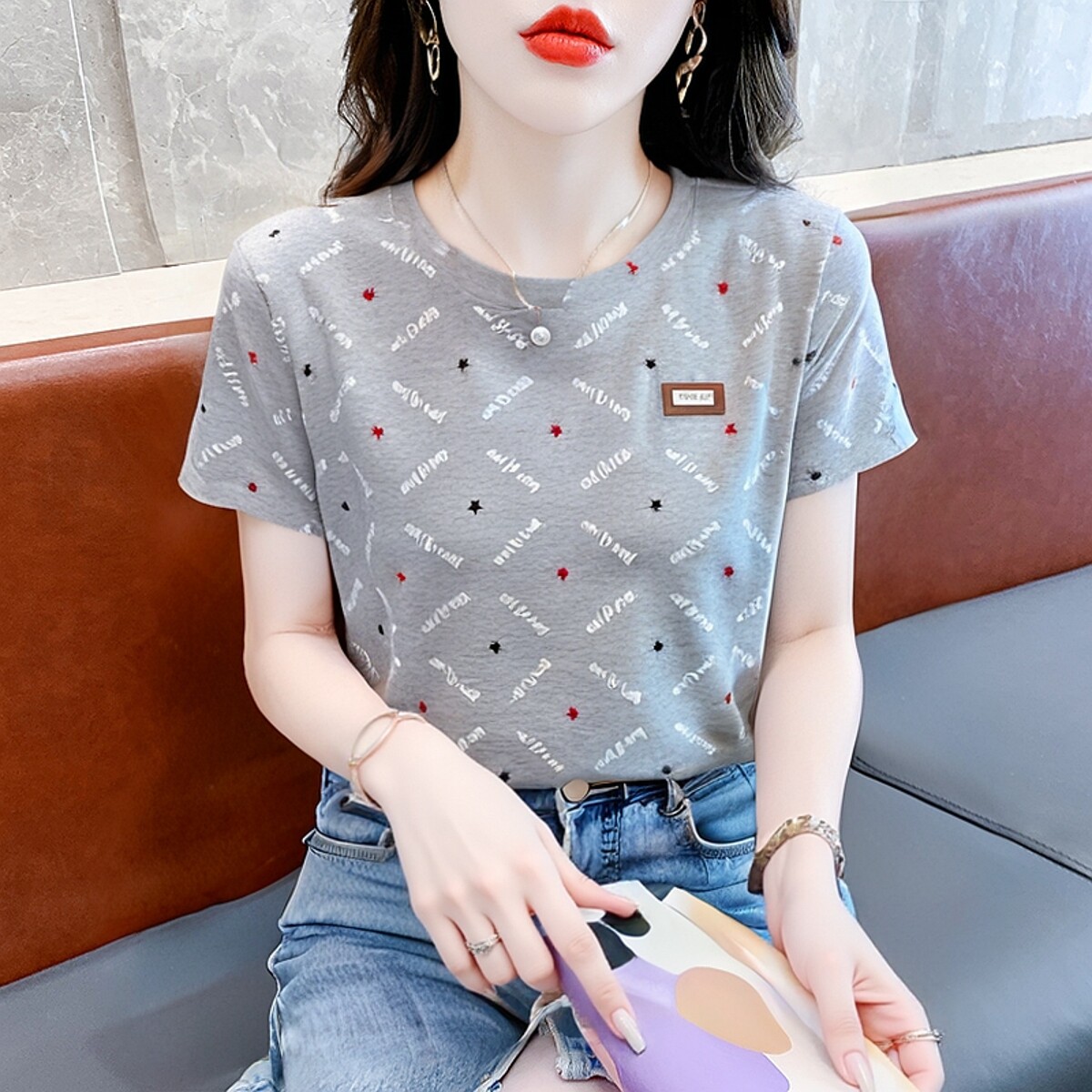 灰色纯棉短袖T恤女夏季新款宽松显瘦上衣ins潮字母印花设计体恤衫