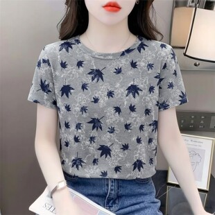 高级感花灰色纯棉短袖T恤女夏季新款设计感小众洋气印花正肩上衣