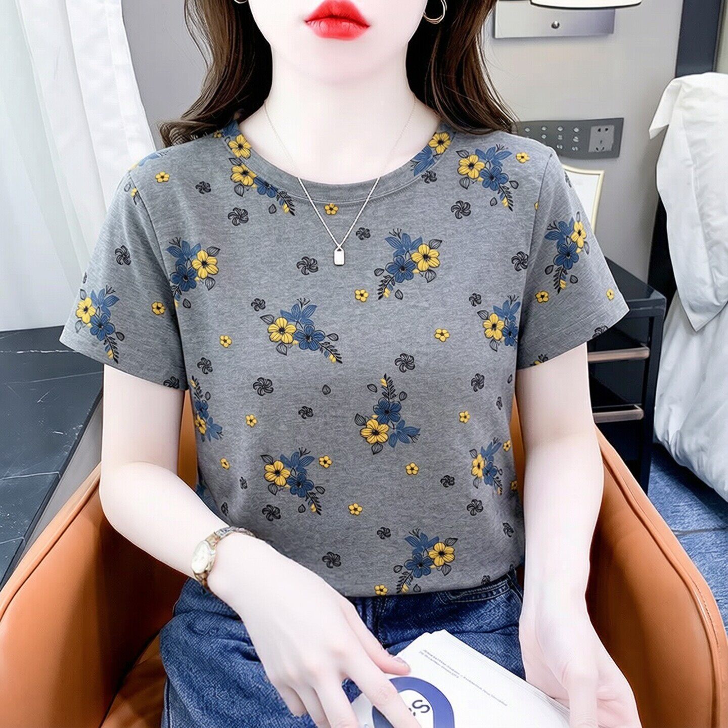今年流行爆款灰色纯棉短袖T恤女韩范正肩体恤衫夏季新款印花上衣