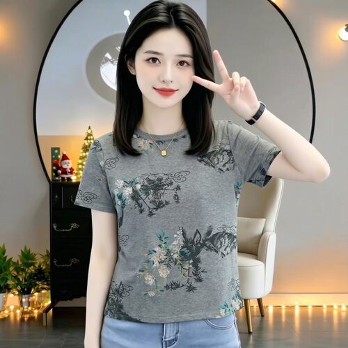东方韵味水墨花卉印花短袖T恤女