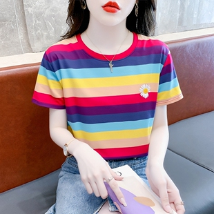 彩虹条纹t恤女宽松纯棉半袖 体恤 ins潮流雏菊刺绣设计上衣新款 夏季