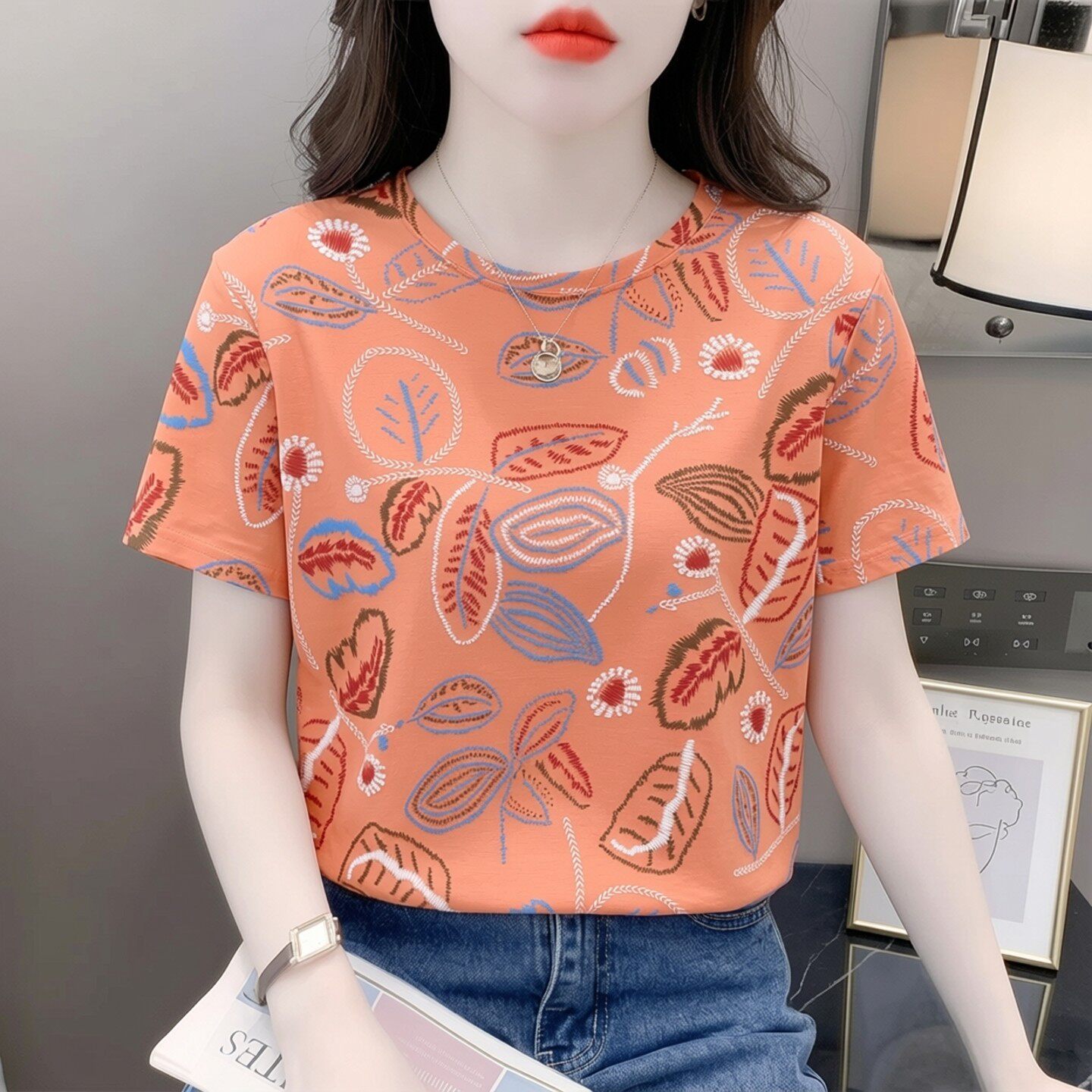 美式复古橘红色纯棉短袖t恤女夏季新款设计感小众印花减龄上衣ins