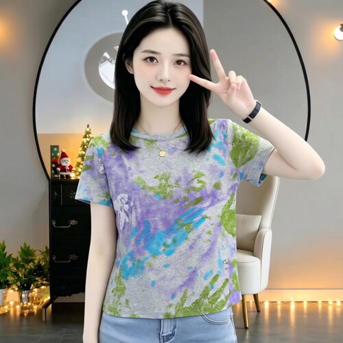 网红爆款渐变扎染T恤女正肩上衣
