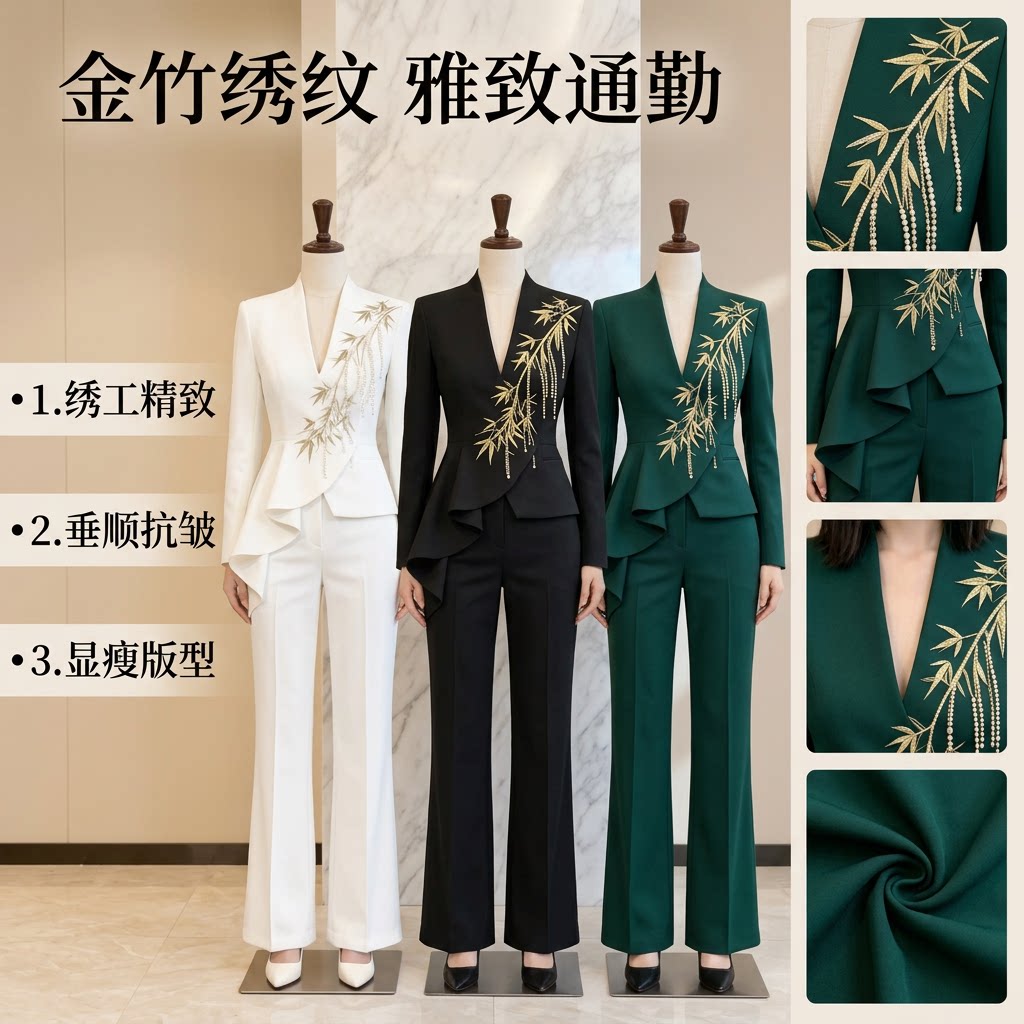 翠竹玉露刺绣西装套装女收腰双排职业女裤套装