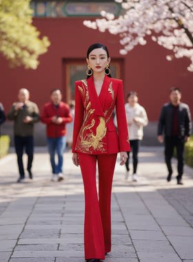 25802-5凤凰于飞刺绣长袖中国风女西装中式大气演早春款修身