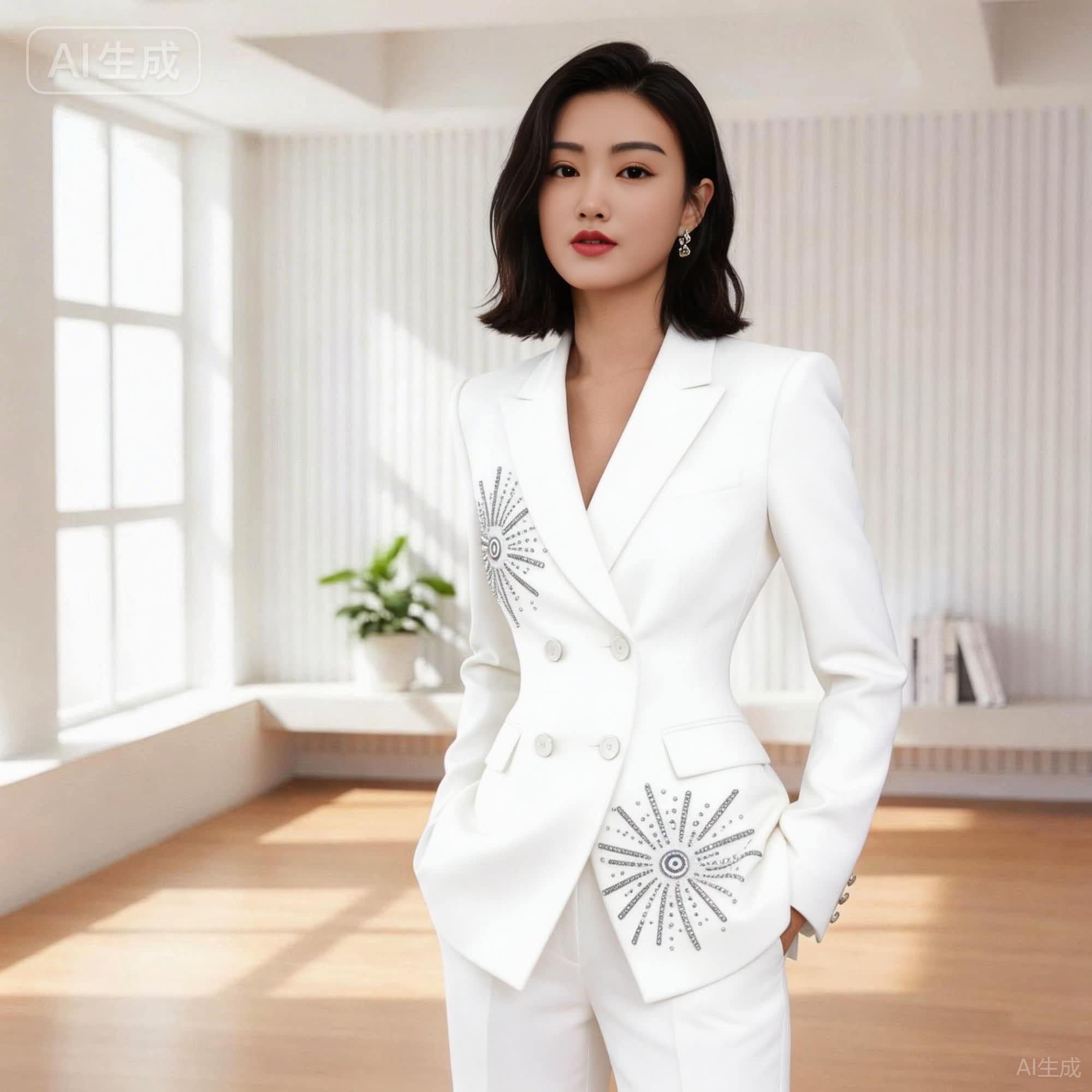 26801-6烟火花刺绣中国风西装长袖套装轻奢气质中式修身早春款