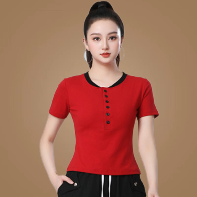 夏季广场舞服装新款圆领排扣百搭