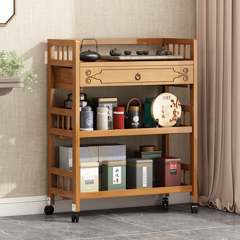 置物架实木可移动小推车茶柜多层