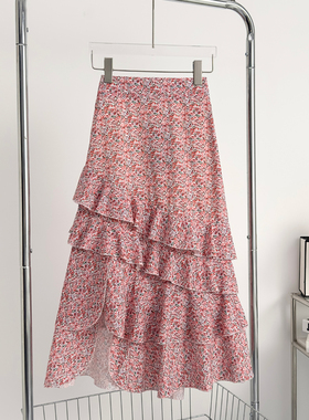 碎花不规则松紧腰开叉半身裙女设计感小众中长款高腰显瘦蛋糕裙子