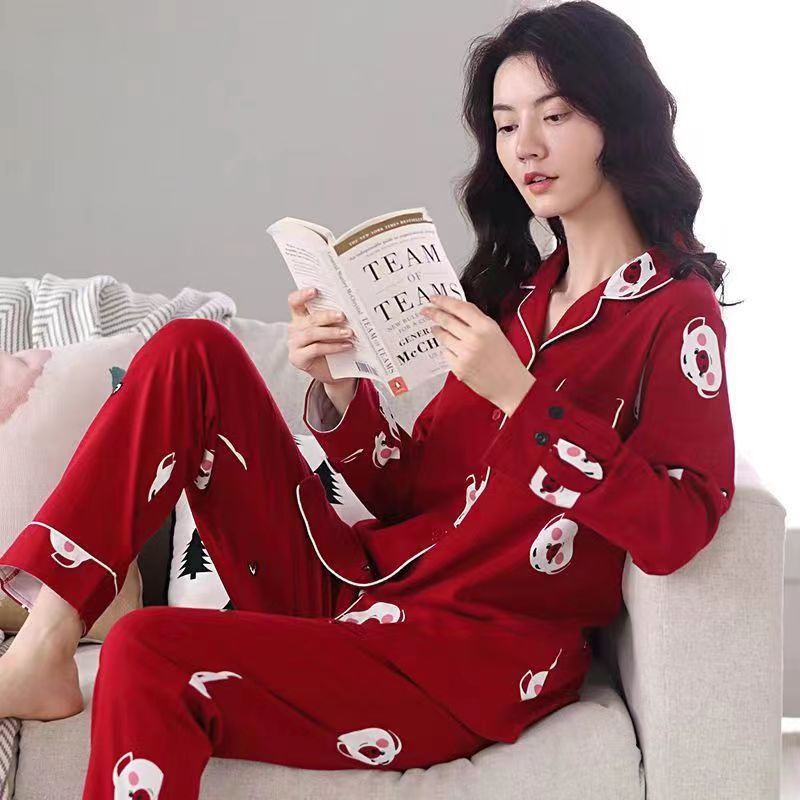 100%纯棉睡衣女长袖翻领套装秋冬季大红薄款女士宽松家居服可外穿
