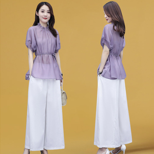 欧洲站时尚套装夏季2023年新款女装减龄洋气显瘦雪纺阔腿裤两件套