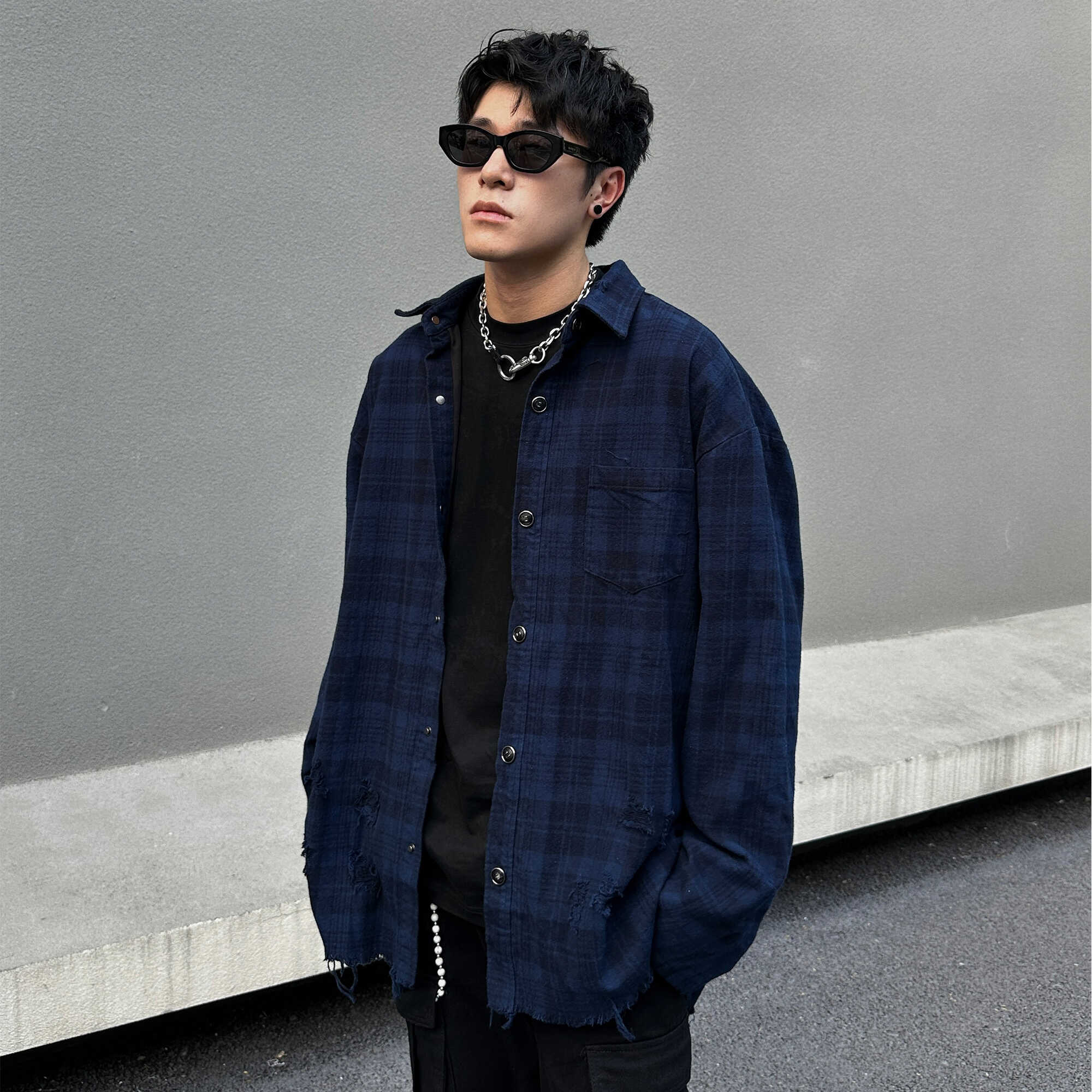 EXTM流苏设计破洞衬衣格子