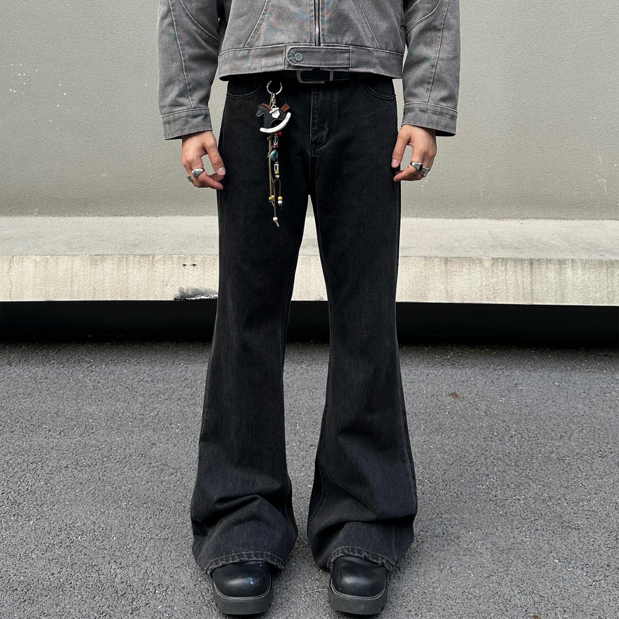 EXTM水洗黑灰色微喇叭牛仔裤