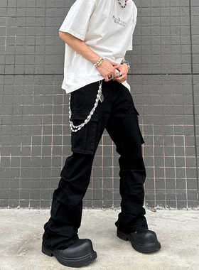 EXTM美式复古cleanfit做旧褶皱口袋工装裤直筒高街vibe微喇裤子男