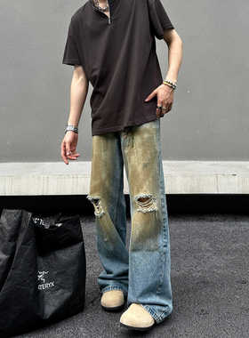 EXTM美式复古水洗脏旧感破洞牛仔裤男女高街vibe宽松百搭长裤子潮
