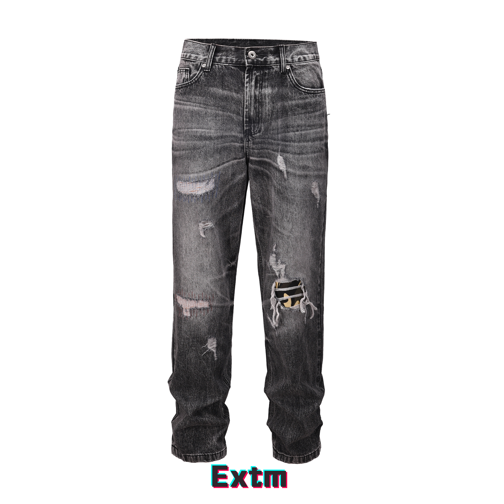 EXTM复古水洗做旧破洞牛仔裤
