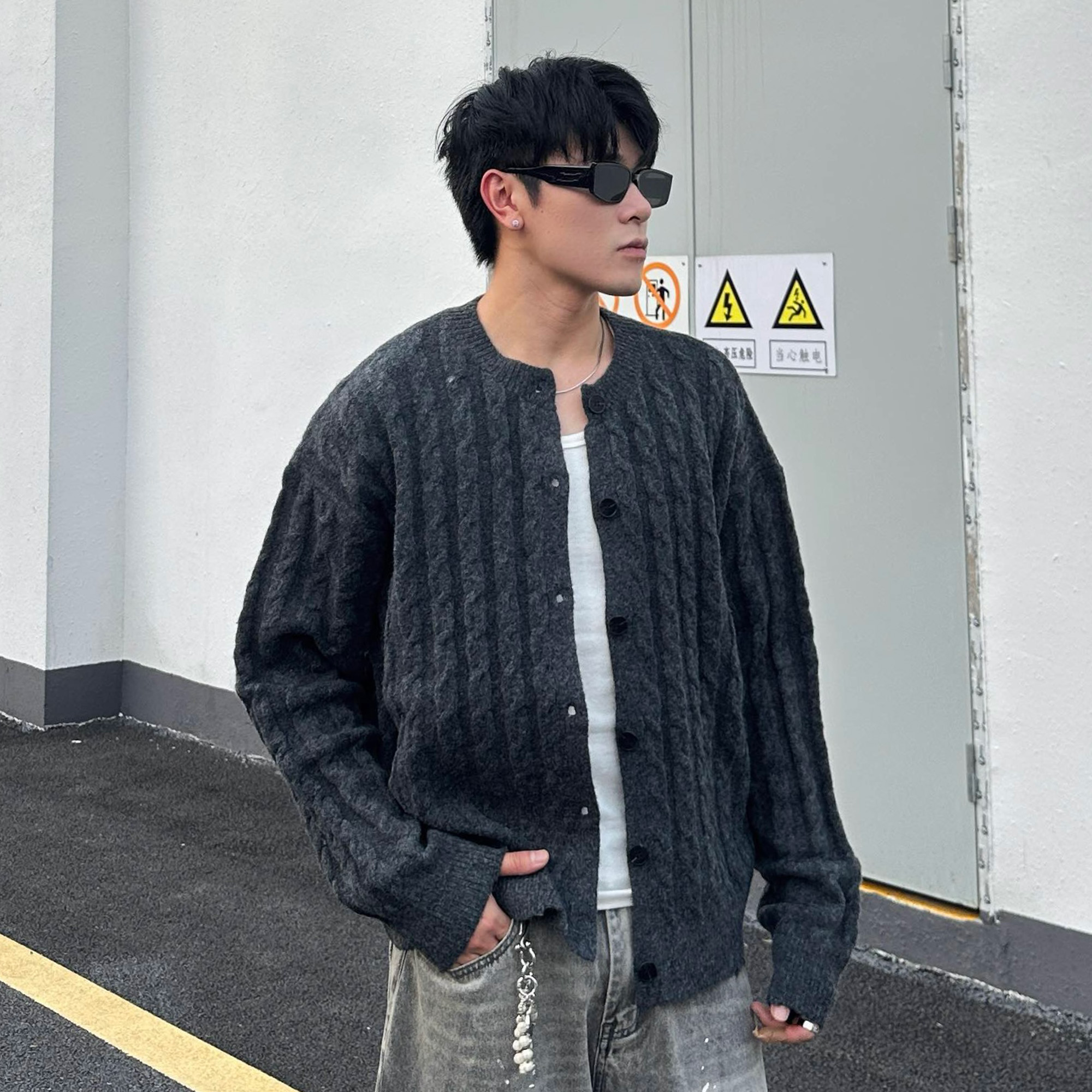 美式复古麻花混纺针织开衫