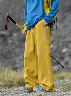EXTM户外拼色哈苏线加绒阔腿休闲裤男女宽松直筒百搭运动登山长裤