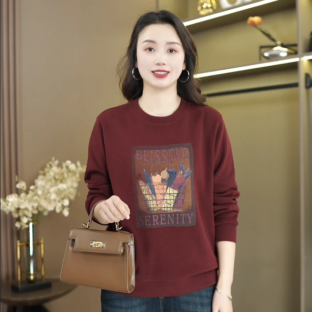 2025春季薄款妈妈减龄圆领肩卫衣