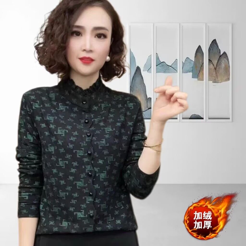 2025高端时尚秋冬加绒保暖长袖打底小衫中年妈妈装气质薄绒上衣