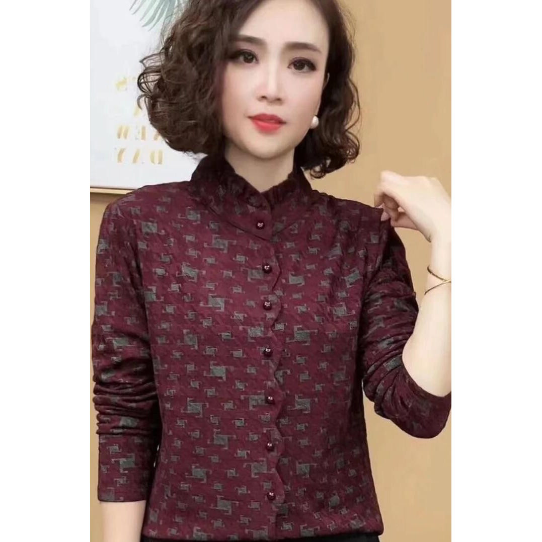 秋冬新款加绒衬衫印花保暖打底长袖小衫半高领衬衣妈妈装上衣