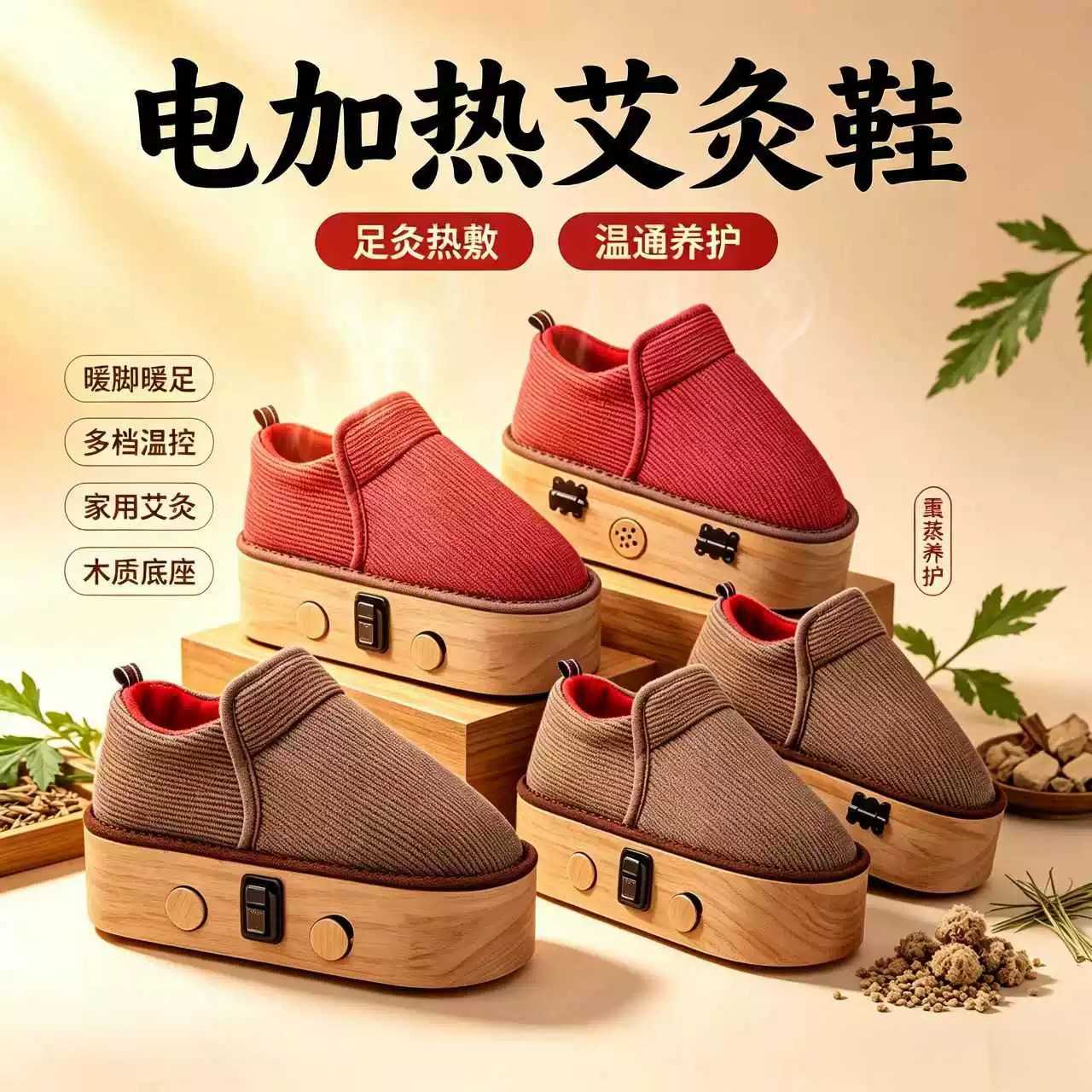 春秋款艾灸鞋配足底发热薄款实木