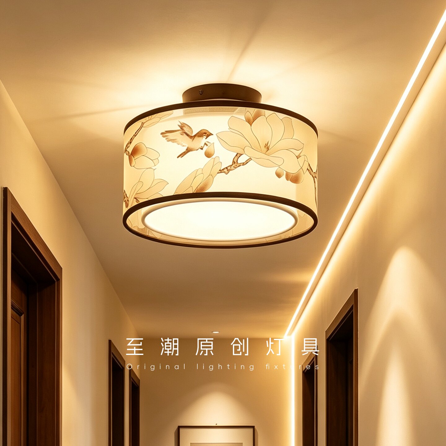 新中式刺绣吸顶灯圆形方形布艺卧室灯过道玄关灯阳台护眼过道灯