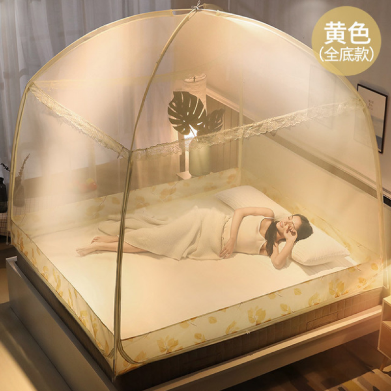 TURBOSUN蒙古包蚊帐1.8米免安装三开门蚊帐带支架黄色蕾丝边1.8米