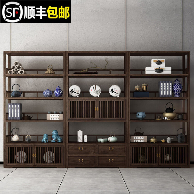 韻藤世家新中式博古架實(shí)木書架書柜客廳南榆木茶室茶葉茶具置物架