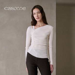 CISSONNE赛颂25秋冬绵羊毛优雅不对称斜襟修身 首发 针织衫 新品