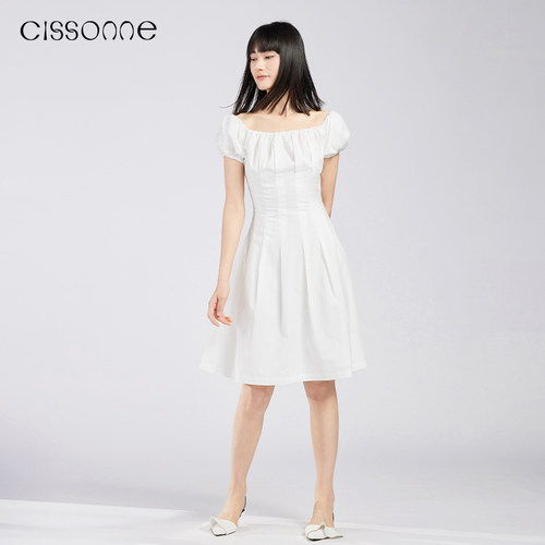 CISSONNE赛颂白色泡泡袖连衣裙