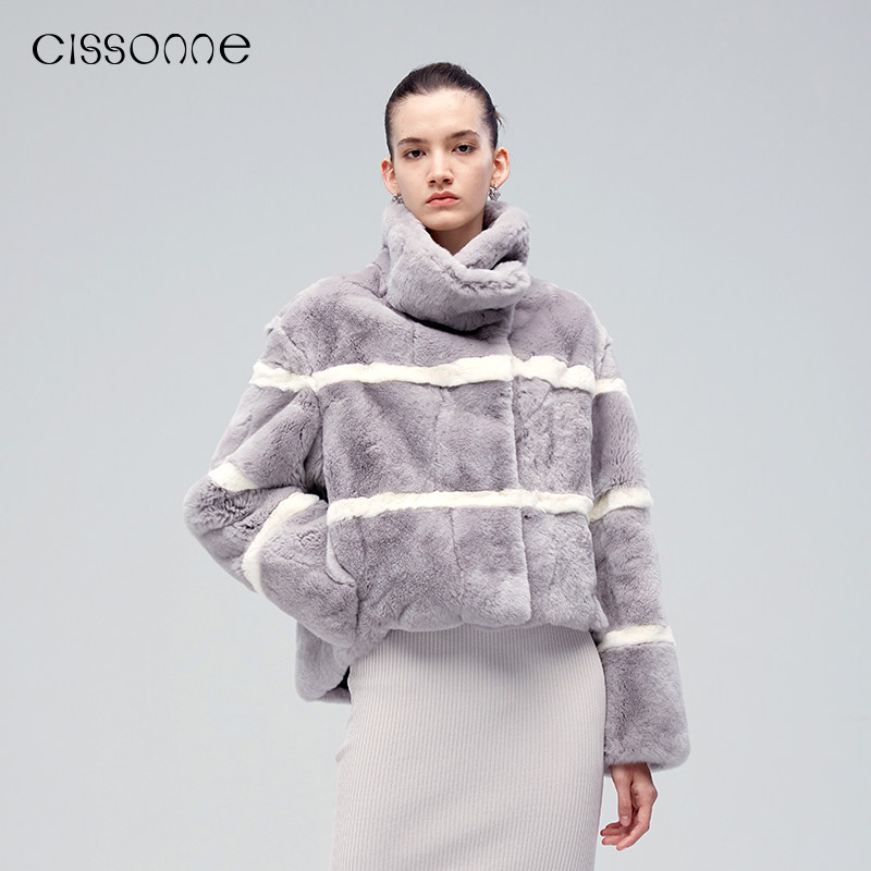 CISSONNE赛颂宽松休闲型獭兔毛高级感撞色减龄时髦皮草短外套