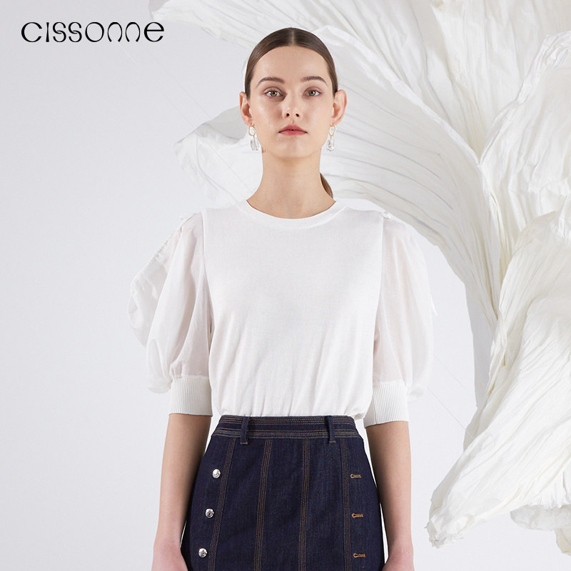 CISSONNE赛颂白色艾草棉抗菌面料精致简约修身泡泡袖衬衫T恤女