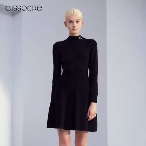 CISSONNE赛颂简约收腰黑色连衣裙