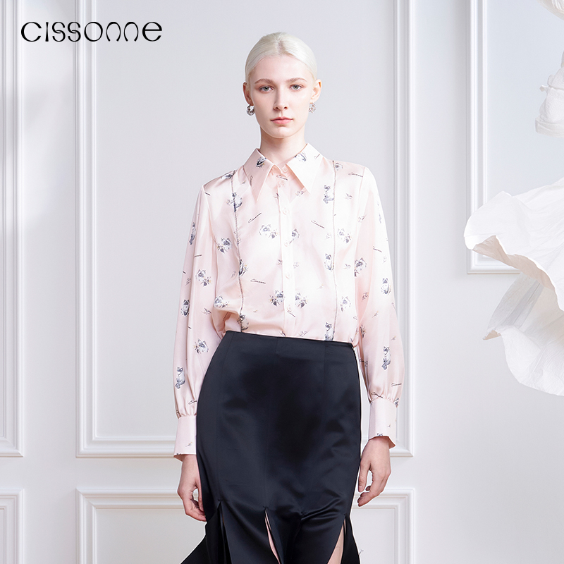 CISSONNE赛颂款桑蚕丝撞色猫咪印花简约宽松通勤芭蕾粉色衬衫