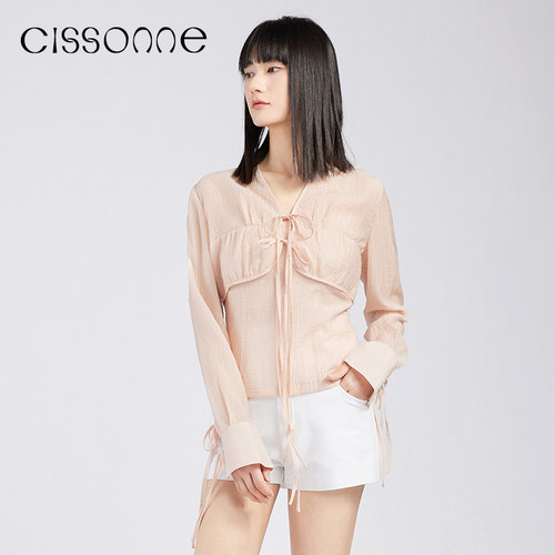 CISSONNE赛颂天丝泡泡纱系带小衫