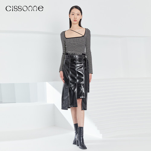 CISSONNE/赛颂不规则亮面半身裙
