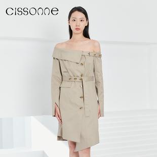 CISSONNE赛颂棉质裙子女气质OL高腰一字领收腰不规则开叉连衣裙