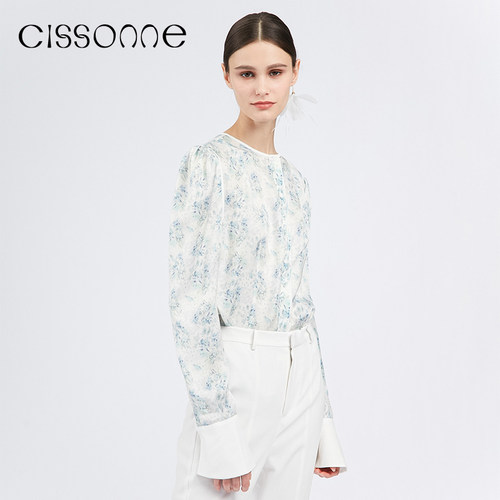 CISSONNE清新蓝色印花长袖衬衫