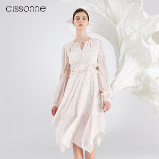 CISSONNE赛颂桑蚕丝面料不规则露腰温柔甜美印花连衣裙