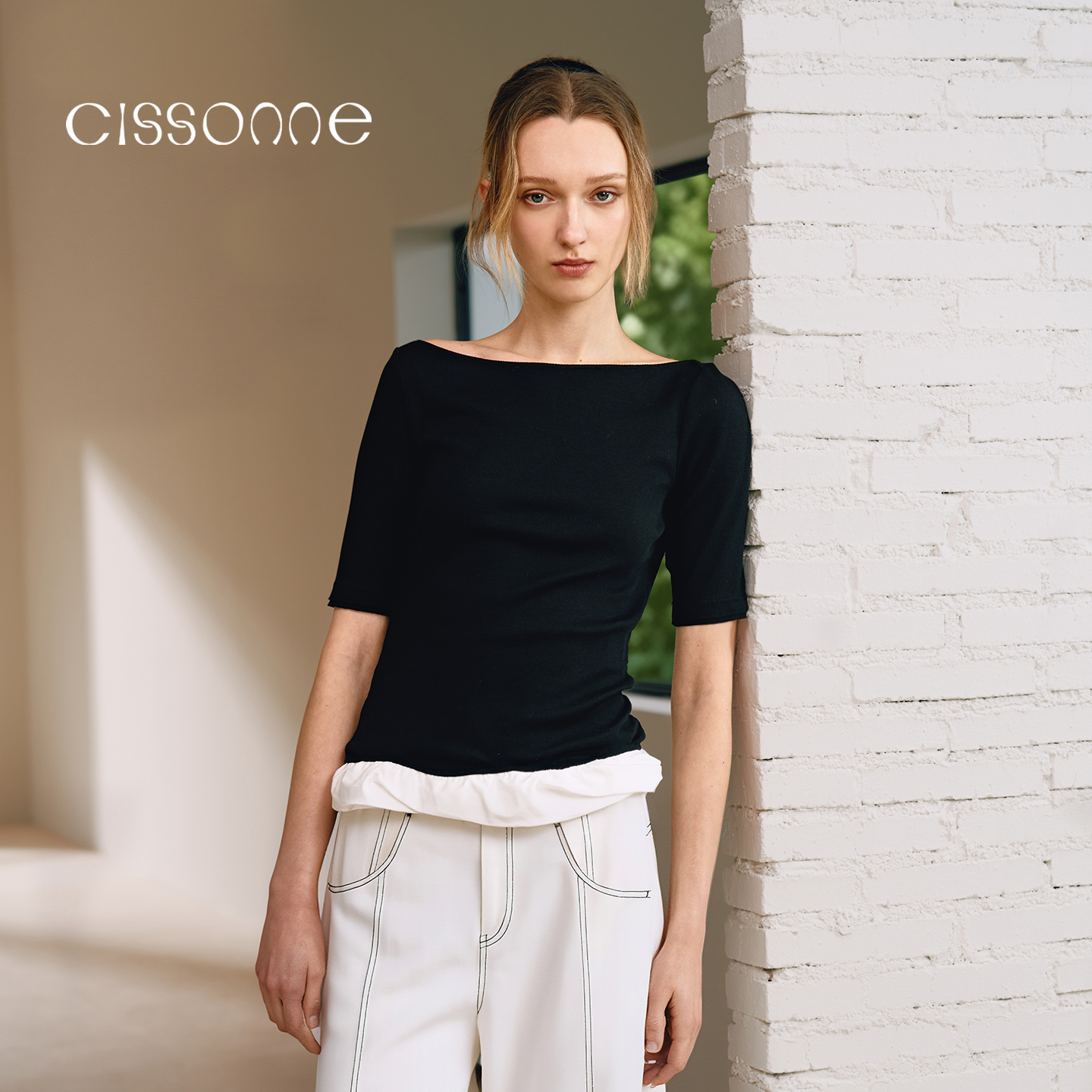 【夏季新品】CISSONNE赛颂立体剪裁撞色拼接船领修身针织衫T恤
