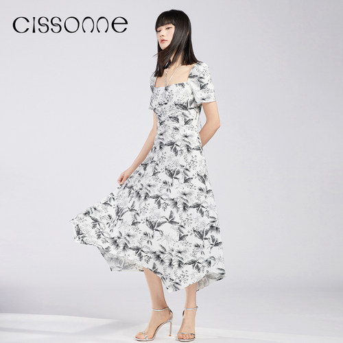 CISSONNE赛颂连衣裙女夏方领性感
