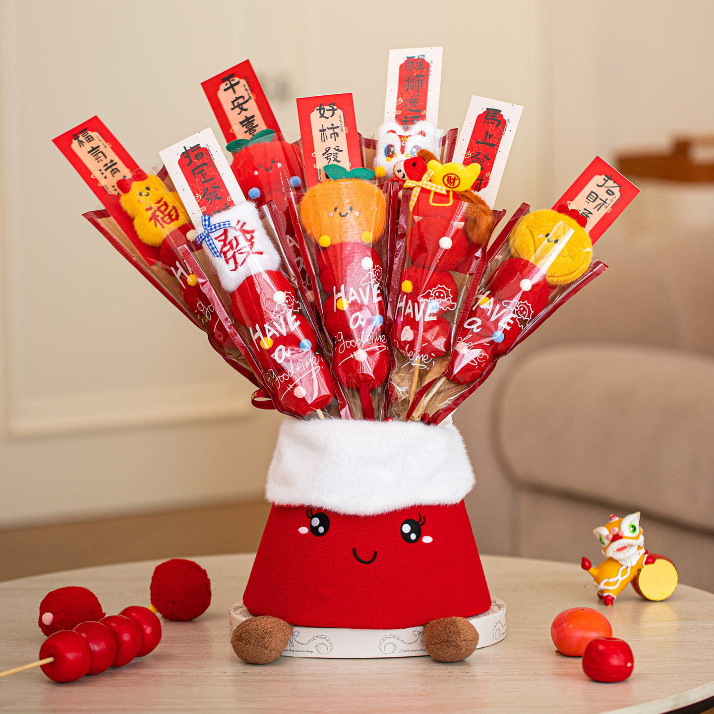 毛绒冰糖葫芦福桶落地大摆件2026马年元旦春节过年创意桌面摆件品