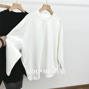 美式全棉重磅600g蝙蝠袖长袖T恤男春秋阔版国潮领口破洞休闲上衣