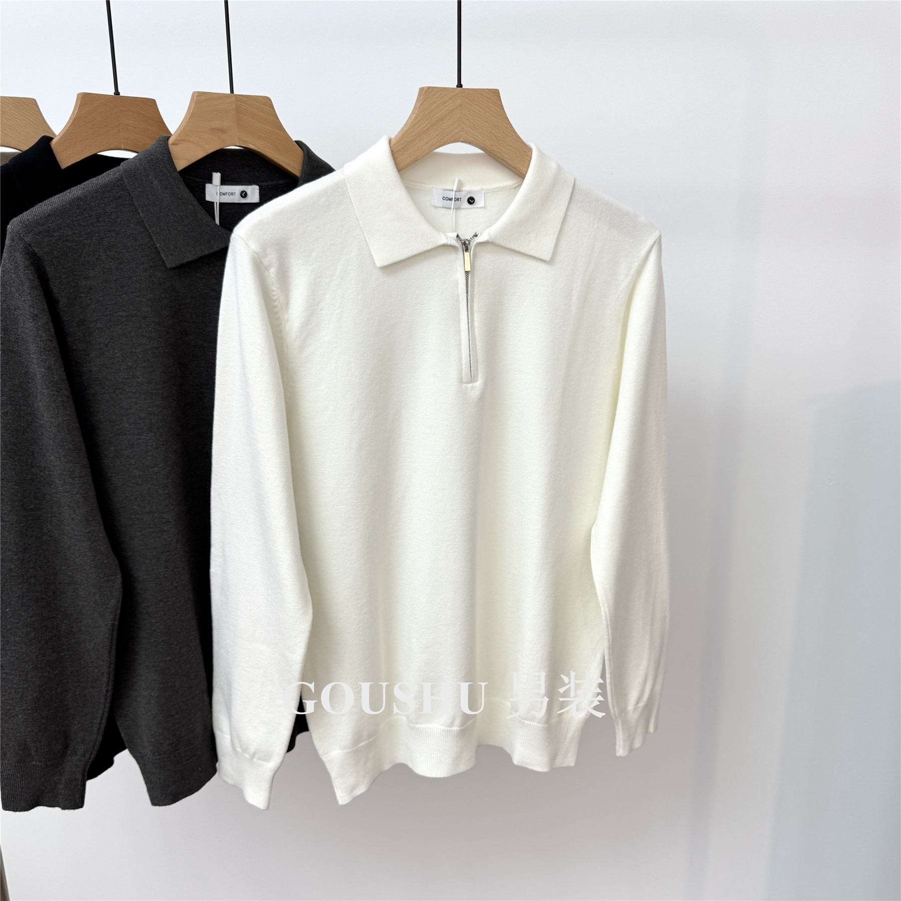半拉链针织长袖polo衫男士