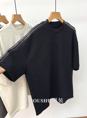 Paris巴黎周重工轧染320g潮牌短袖T恤男士夏季宽松美式体恤男衣服