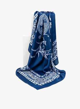 荆门博物馆蓝色轻薄透气中国风文创印花真丝方巾原创设计旅游礼物