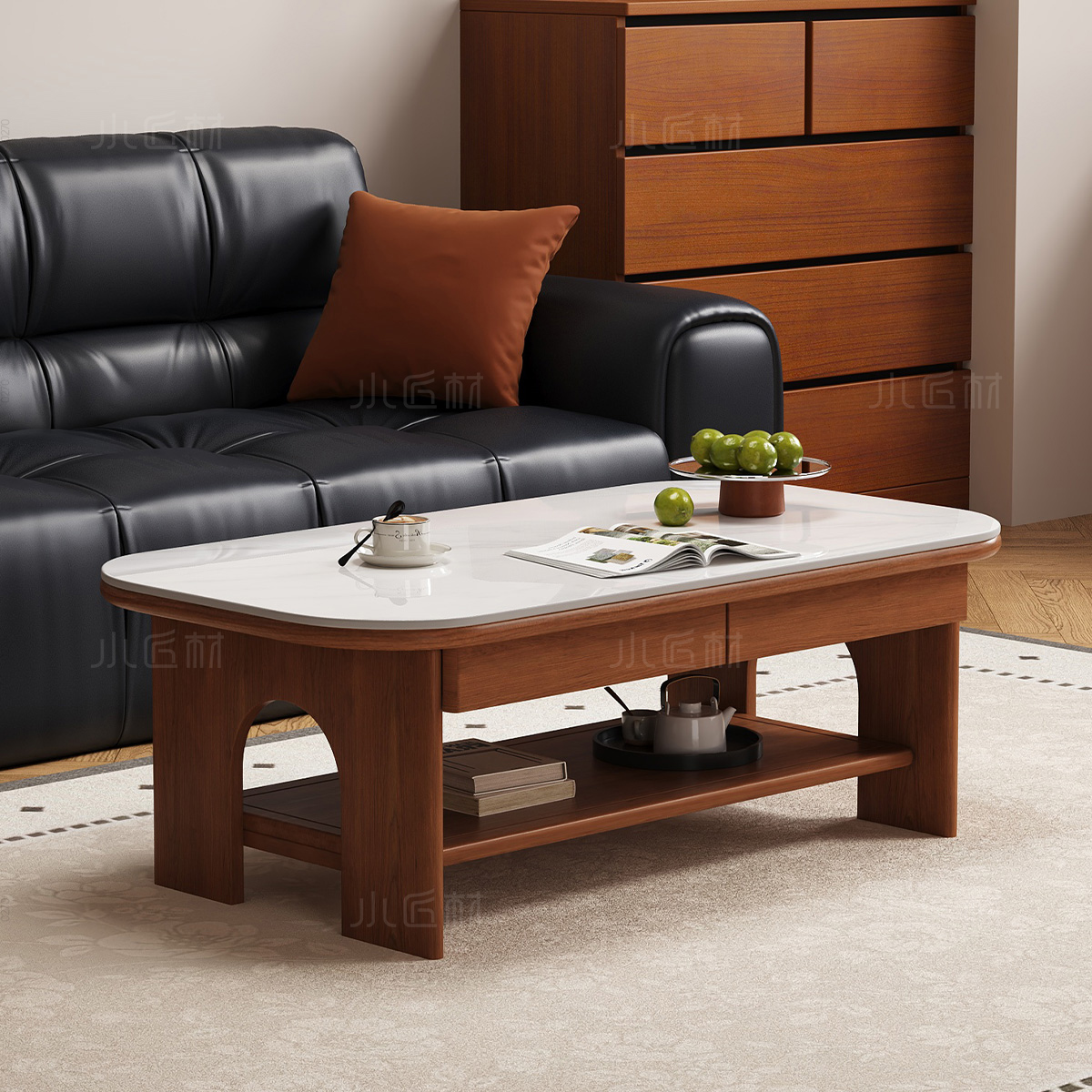 中古风实木岩板拱形茶几